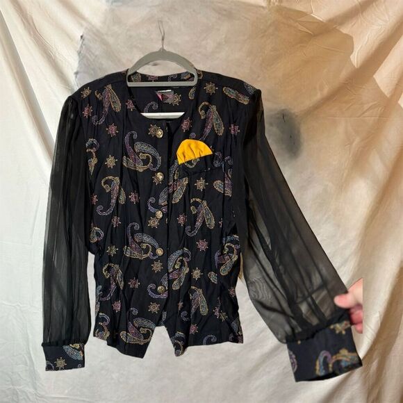Tina Barrie VTG Black Paisley Midi Skirt & Top Set Sheer Sleeves Boho Retro Glam - Picture 3 of 13